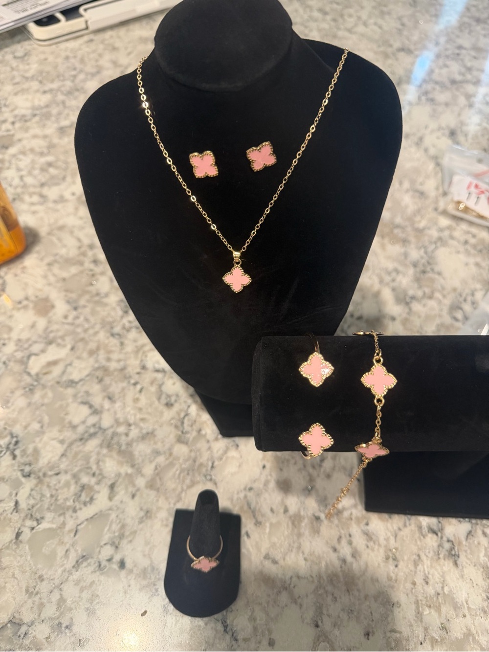 Gold-Tone Pink Clover Pendant Necklace and Earring Set